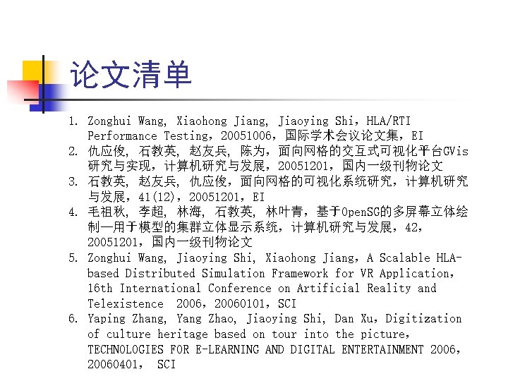 论文清单 1. Zonghui Wang, Xiaohong Jiang, Jiaoying Shi，HLA/RTI Performance Testing，20051006，国际学术会议论文集，EI 2. 仇应俊, 石教英, 赵友兵,