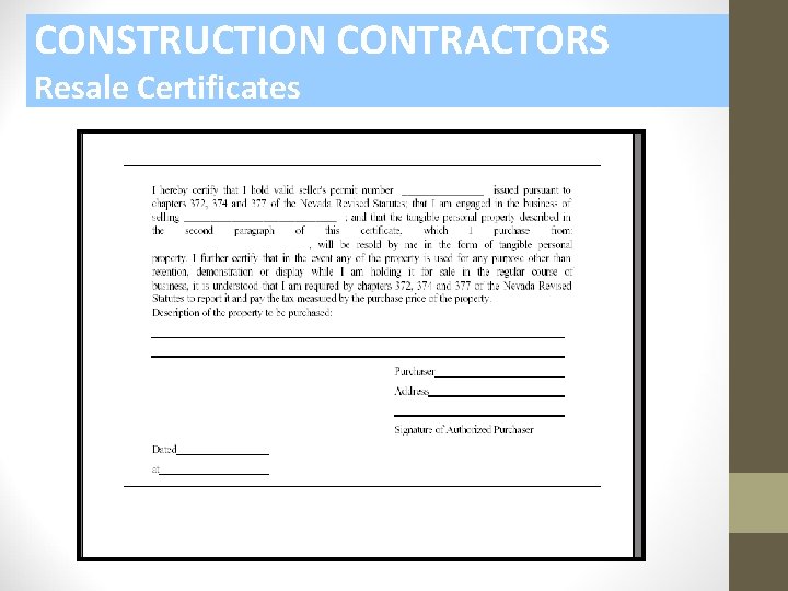 CONSTRUCTION CONTRACTORS Resale Certificates 
