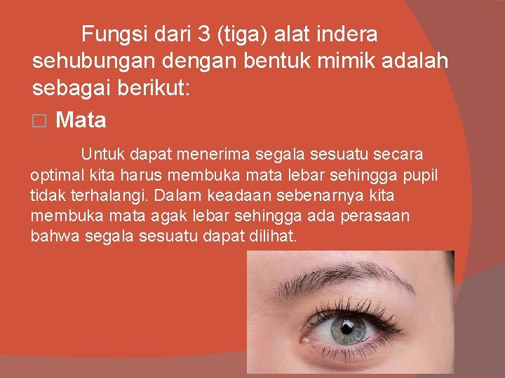 Fungsi dari 3 (tiga) alat indera sehubungan dengan bentuk mimik adalah sebagai berikut: �