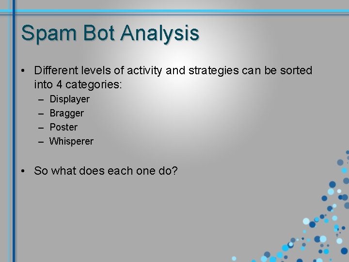 Spam Bot Analysis • Different levels of activity and strategies can be sorted into