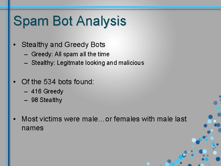 Spam Bot Analysis • Stealthy and Greedy Bots – Greedy: All spam all the