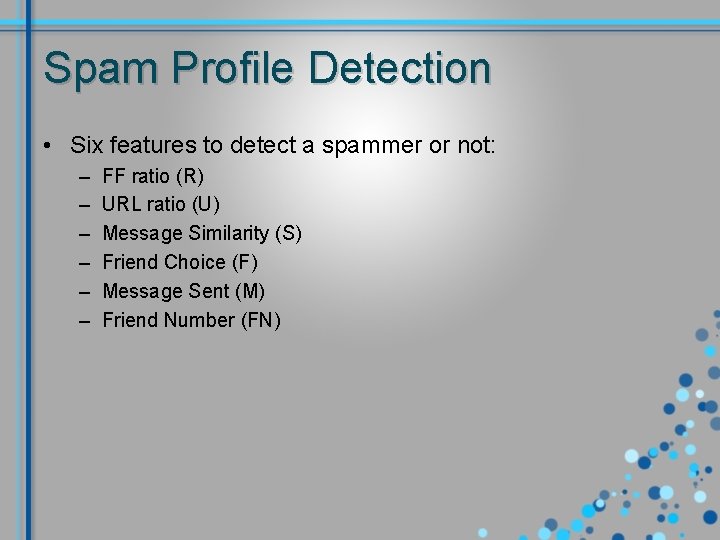 Spam Profile Detection • Six features to detect a spammer or not: – –