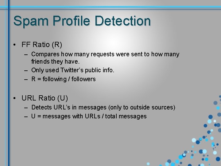 Spam Profile Detection • FF Ratio (R) – Compares how many requests were sent