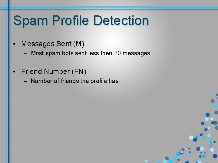 Spam Profile Detection • Messages Sent (M) – Most spam bots sent less then