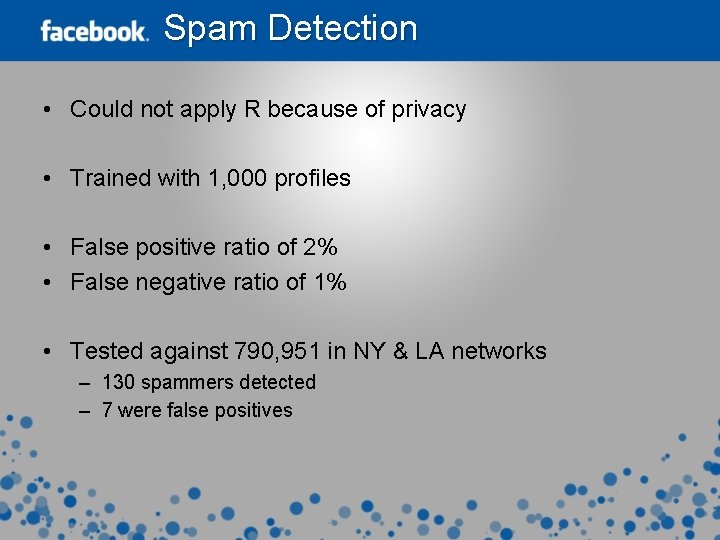 Spam Detection • Could not apply R because of privacy • Trained with 1,