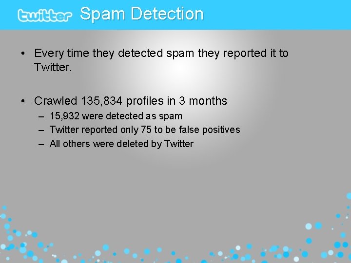 Spam Detection • Every time they detected spam they reported it to Twitter. •