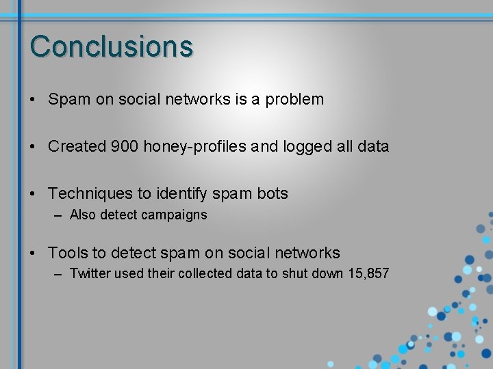 Conclusions • Spam on social networks is a problem • Created 900 honey-profiles and