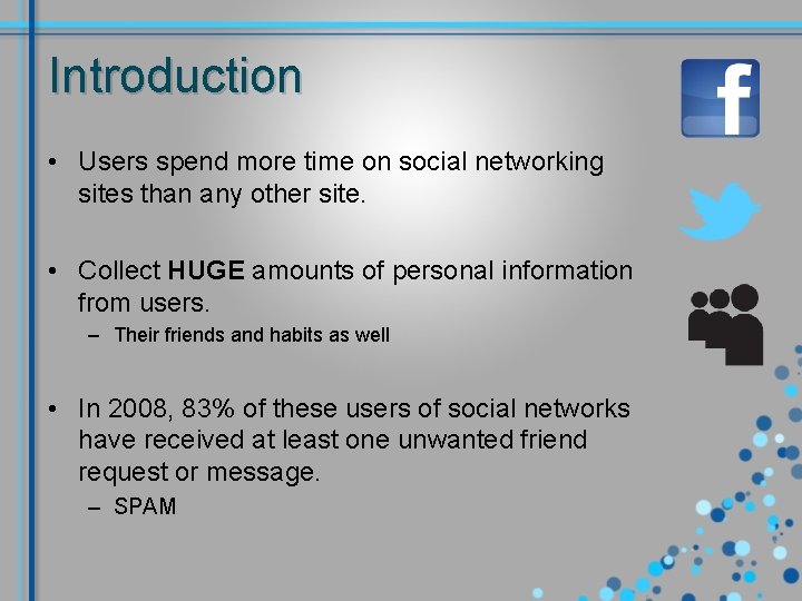 Introduction • Users spend more time on social networking sites than any other site.
