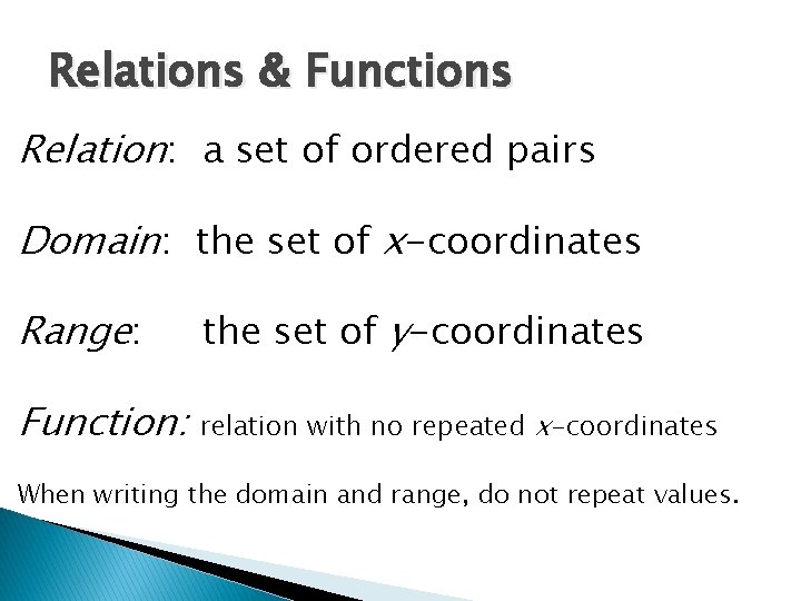 Relations & Functions Relation: a set of ordered pairs Domain: the set of x-coordinates