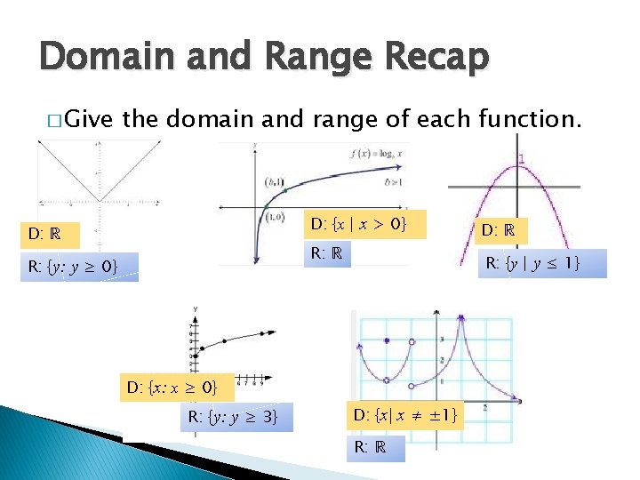 Domain and Range Recap � Give the domain and range of each function. D: