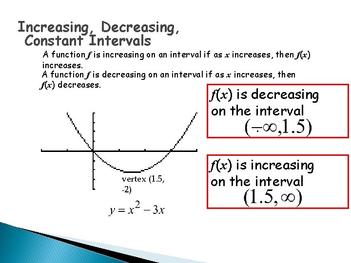 Increasing, Decreasing, Constant Intervals A function f is increasing on an interval if as