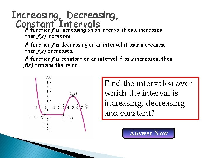 Increasing, Decreasing, Constant Intervals A function f is increasing on an interval if as