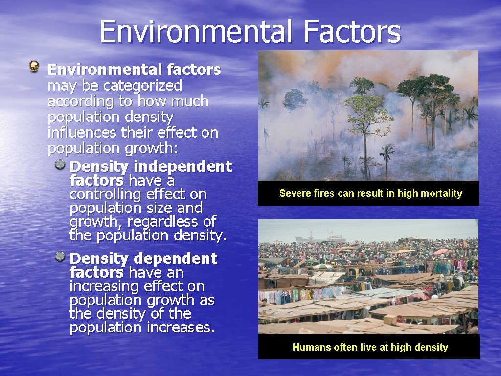 Environmental Factors Environmental factors may be categorized according to how much population density influences