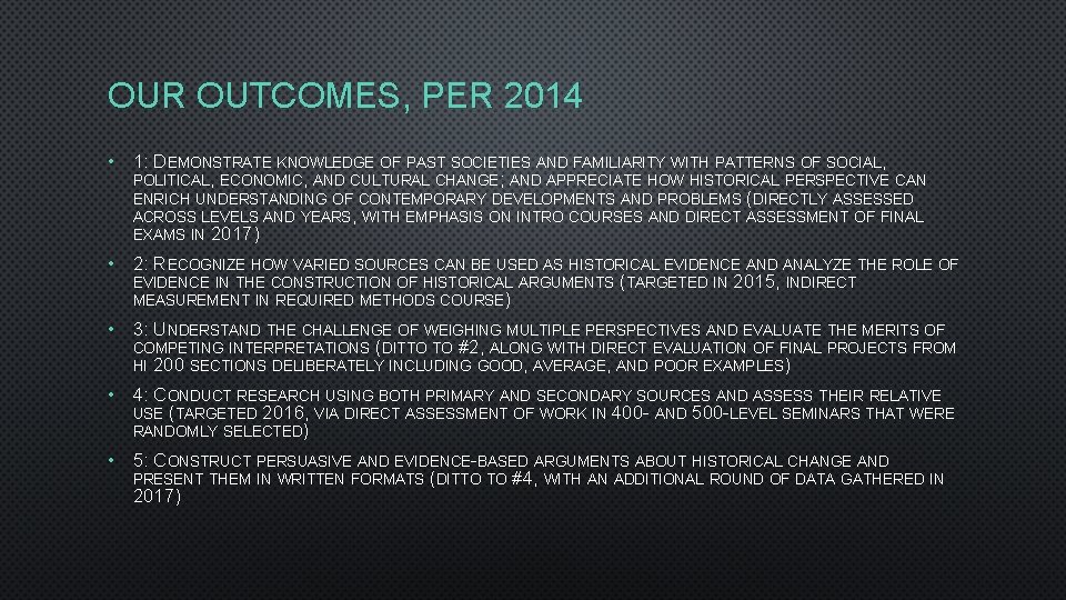 OUR OUTCOMES, PER 2014 • 1: DEMONSTRATE KNOWLEDGE OF PAST SOCIETIES AND FAMILIARITY WITH