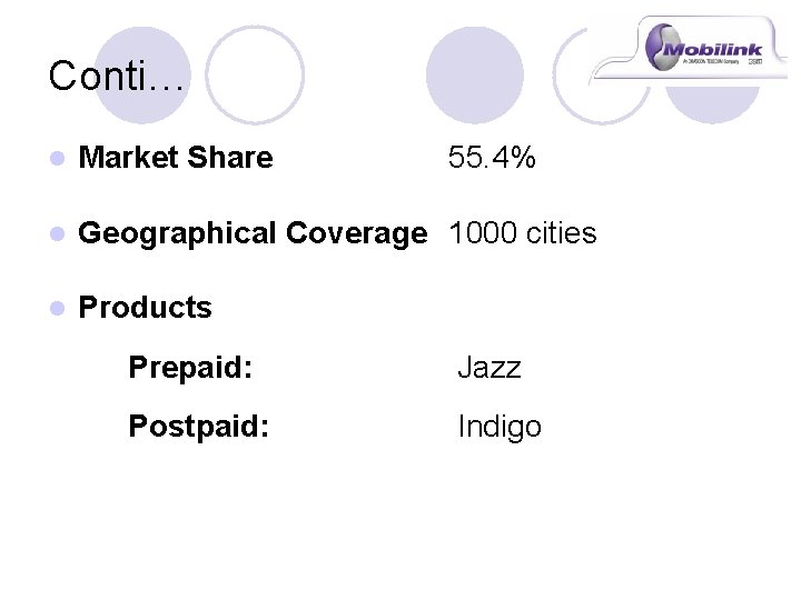 Conti… l Market Share 55. 4% l Geographical Coverage 1000 cities l Products Prepaid: