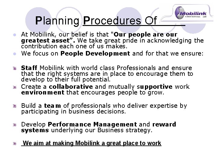 Planning Procedures Of At Mobilink, our belief is that "Our people are our greatest