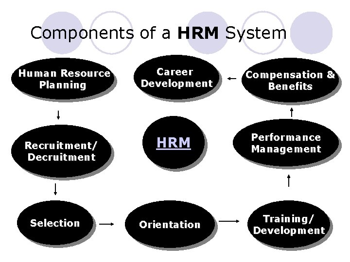 Components of a HRM System Human Resource Planning Recruitment/ Decruitment Selection Career Development HRM