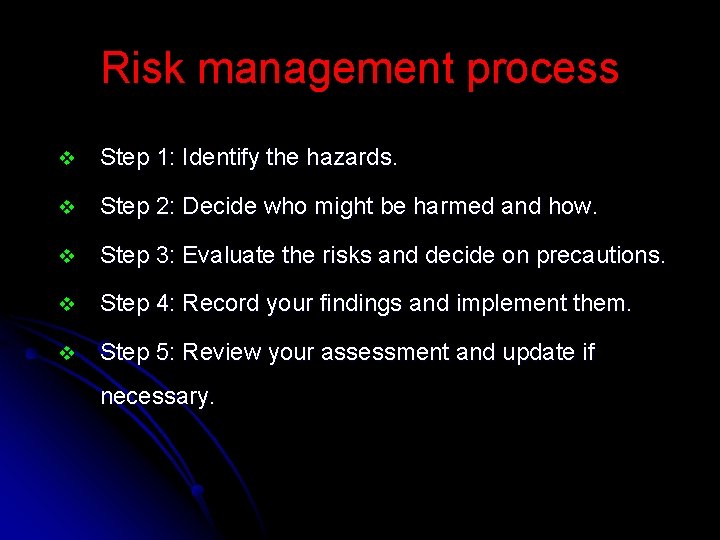 Risk management process v Step 1: Identify the hazards. v Step 2: Decide who