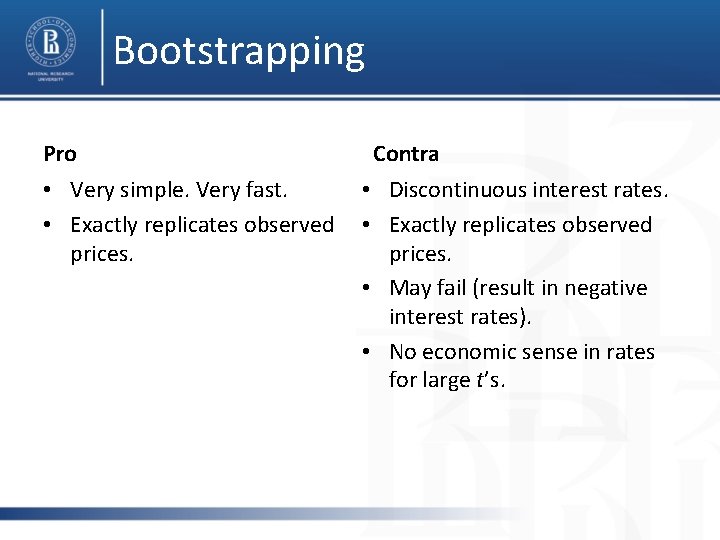 Bootstrapping Pro • Very simple. Very fast. • Exactly replicates observed prices. Contra •