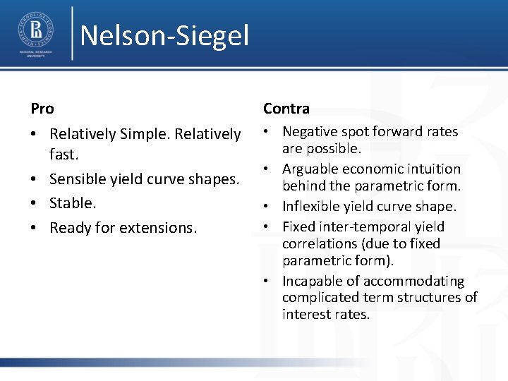 Nelson-Siegel Pro Contra • Relatively Simple. Relatively fast. • Sensible yield curve shapes. •