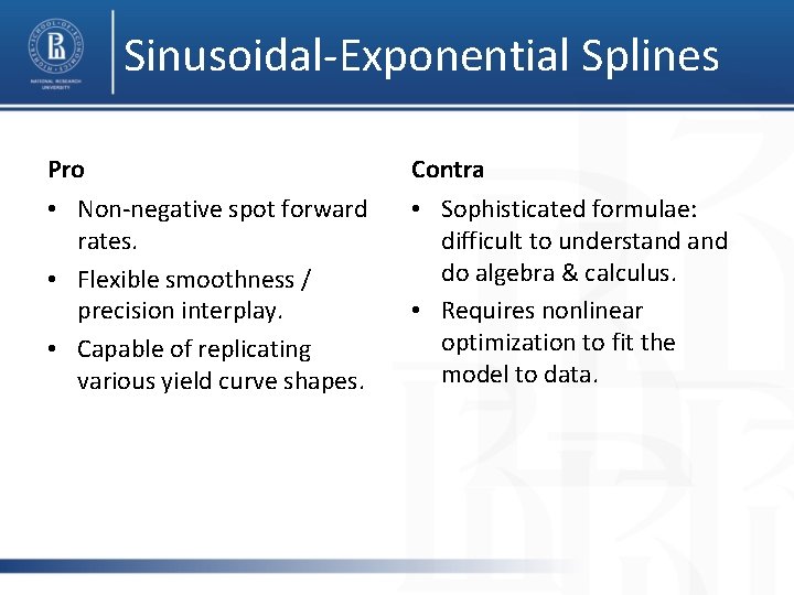 Sinusoidal-Exponential Splines Pro Contra • Non-negative spot forward rates. • Flexible smoothness / precision
