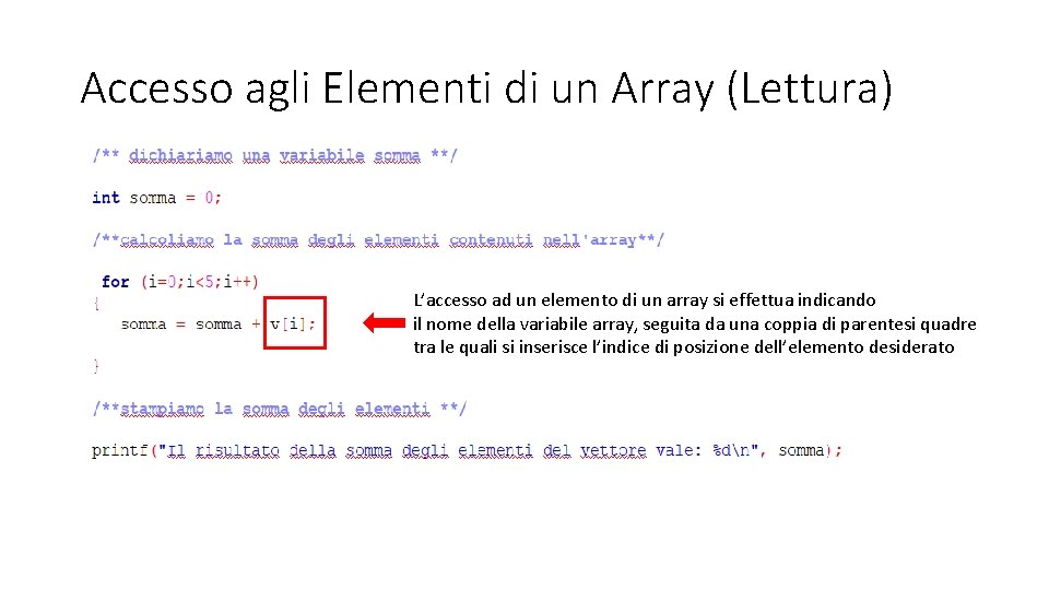 Accesso agli Elementi di un Array (Lettura) L’accesso ad un elemento di un array