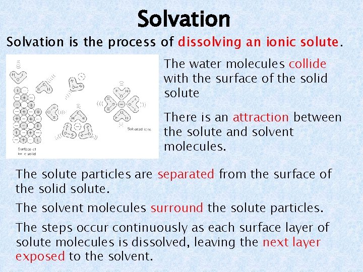 Solvation is the process of dissolving an ionic solute. The water molecules collide with