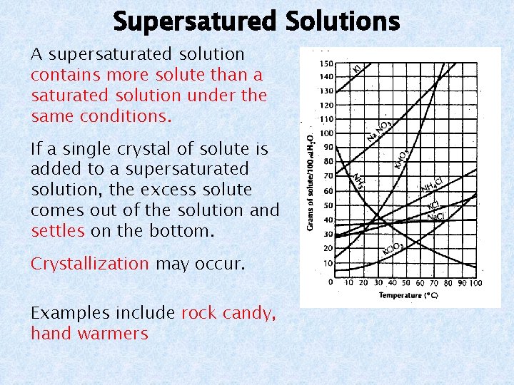 Supersatured Solutions A supersaturated solution contains more solute than a saturated solution under the