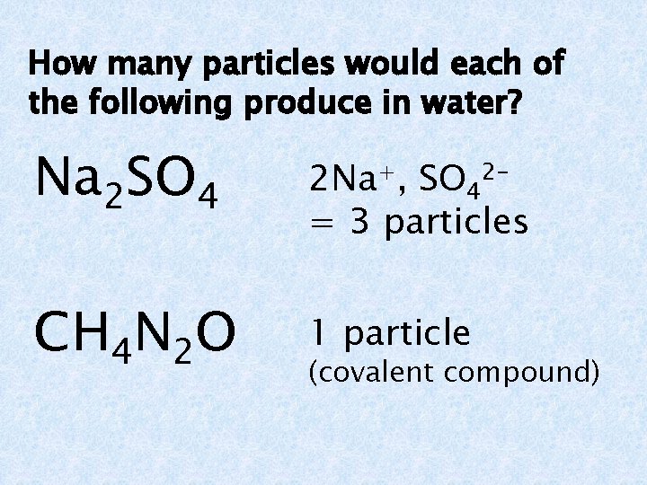 How many particles would each of the following produce in water? Na 2 SO