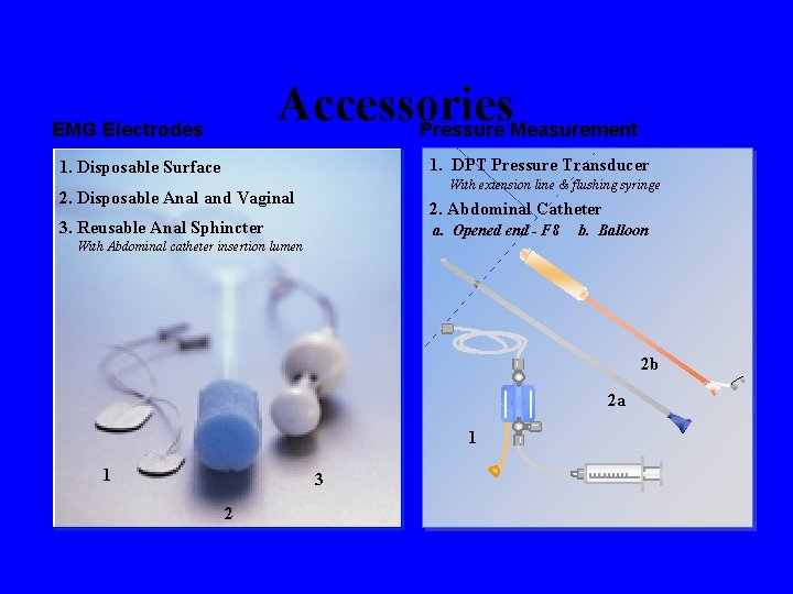 Accessories Pressure Measurement EMG Electrodes 1. DPT Pressure Transducer 1. Disposable Surface With extension