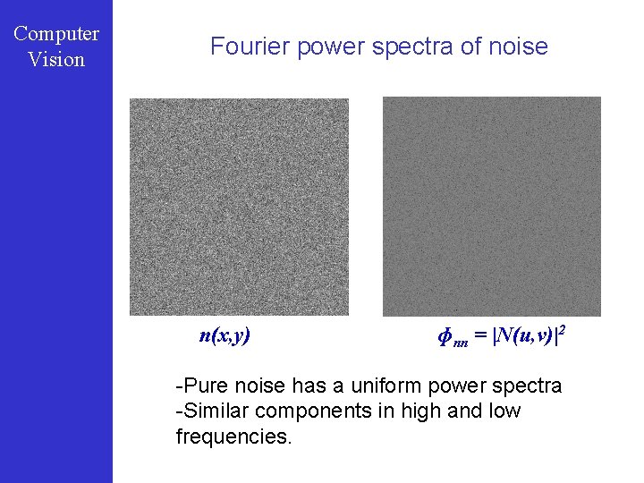 Computer Vision Fourier power spectra of noise n(x, y) ɸnn = |N(u, v)|2 -Pure