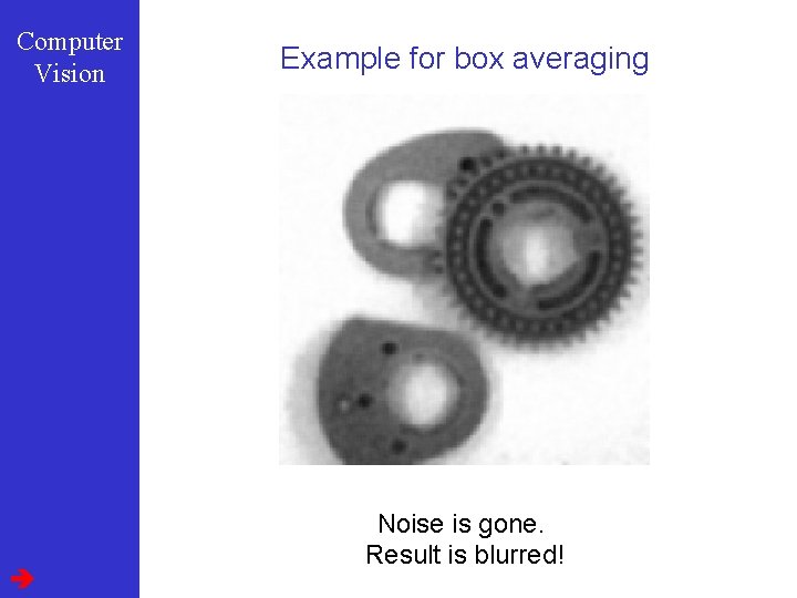 Computer Vision Example for box averaging Noise is gone. Result is blurred! 