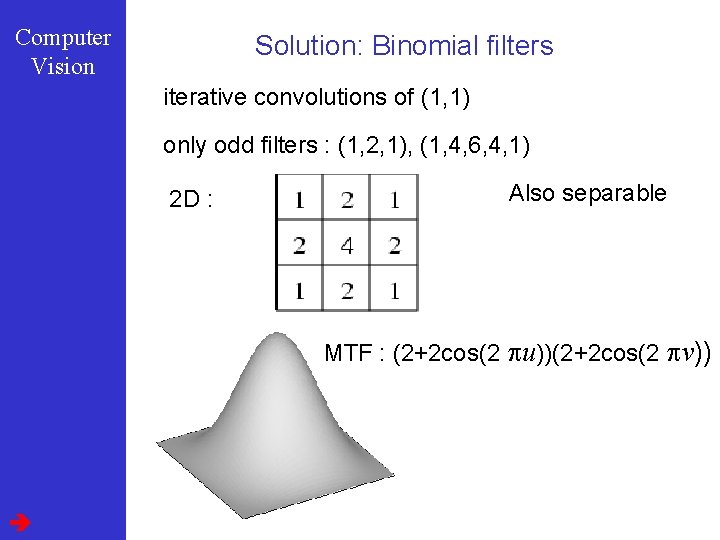 Computer Vision Solution: Binomial filters iterative convolutions of (1, 1) only odd filters :