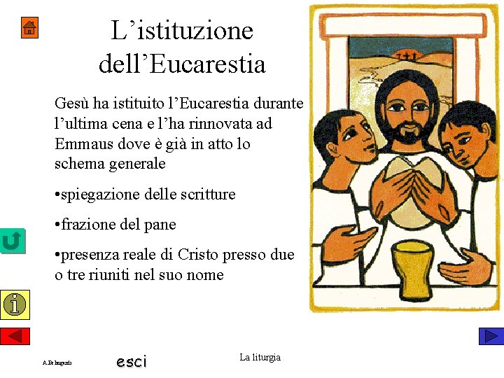 L’istituzione dell’Eucarestia Gesù ha istituito l’Eucarestia durante l’ultima cena e l’ha rinnovata ad Emmaus