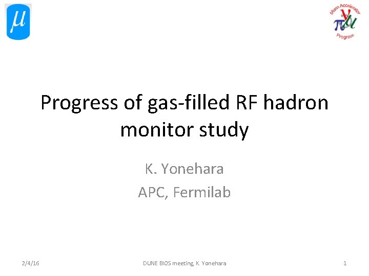 Progress of gas-filled RF hadron monitor study K. Yonehara APC, Fermilab 2/4/16 DUNE BIOS