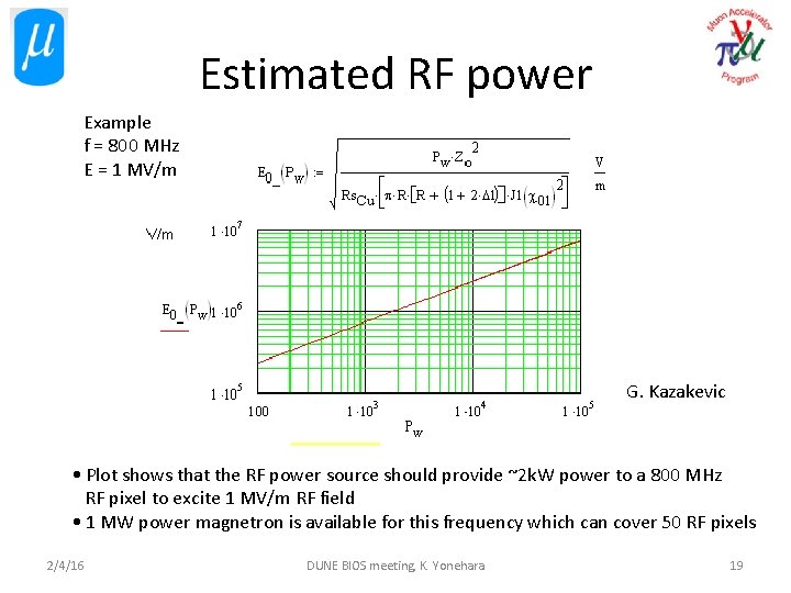 Estimated RF power Example f = 800 MHz E = 1 MV/m G. Kazakevic