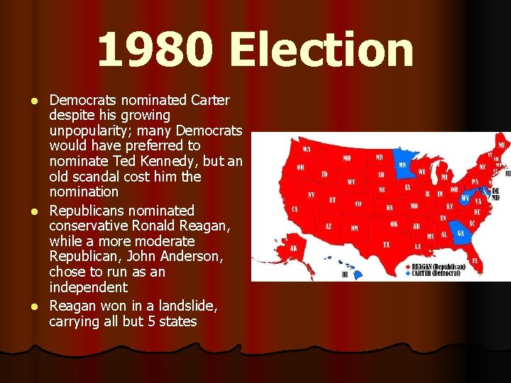 1980 Election Democrats nominated Carter despite his growing unpopularity; many Democrats would have preferred