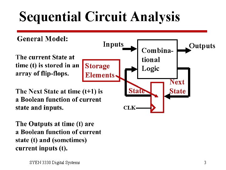 Sequential Circuit Analysis Inputs Combinational Logic Storage Elements State Outputs Next State CLK SYEN