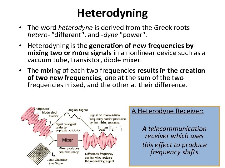 Heterodyning • The word heterodyne is derived from the Greek roots hetero- "different", and
