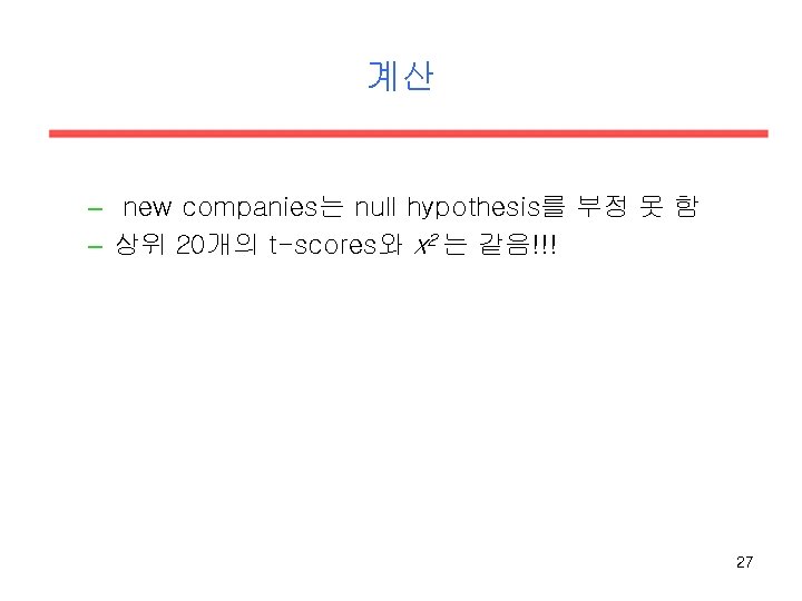 계산 – new companies는 null hypothesis를 부정 못 함 – 상위 20개의 t-scores와 x