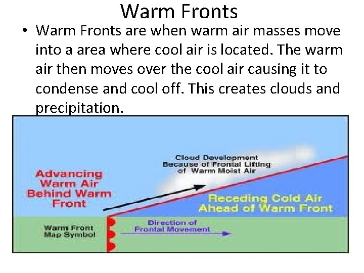 Warm Fronts • Warm Fronts are when warm air masses move into a area