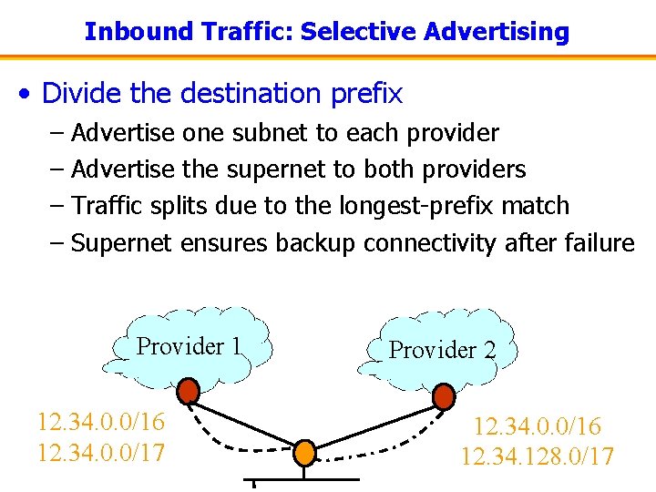 Inbound Traffic: Selective Advertising • Divide the destination prefix – Advertise one subnet to