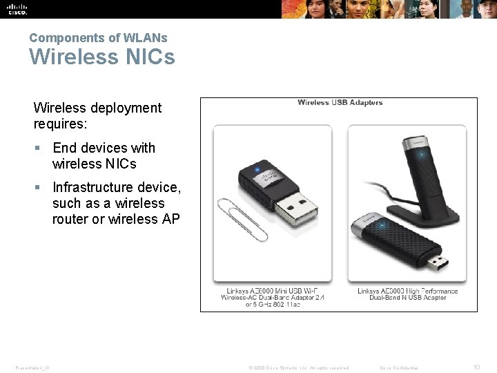 Components of WLANs Wireless NICs Wireless deployment requires: § End devices with wireless NICs