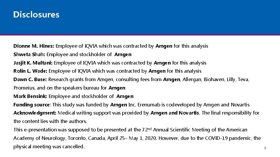 Disclosures Dionne M. Hines: Employee of IQVIA which was contracted by Amgen for this