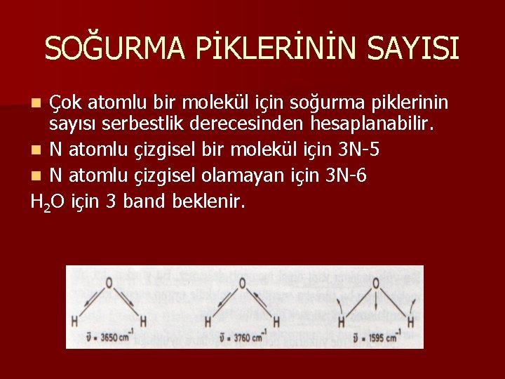 SOĞURMA PİKLERİNİN SAYISI Çok atomlu bir molekül için soğurma piklerinin sayısı serbestlik derecesinden hesaplanabilir. SOĞURMA PİKLERİNİN SAYISI Çok atomlu bir molekül için soğurma piklerinin sayısı serbestlik derecesinden hesaplanabilir.