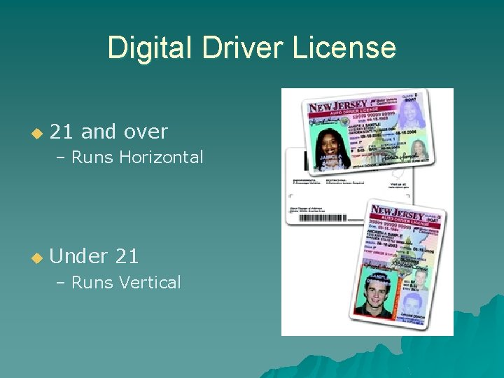 Digital Driver License u 21 and over – Runs Horizontal u Under 21 –