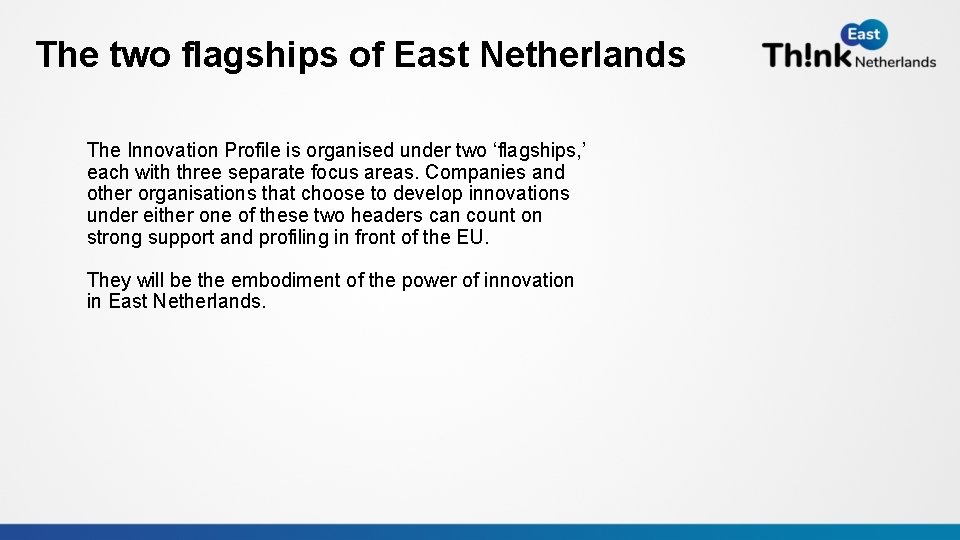 The two flagships of East Netherlands The Innovation Profile is organised under two ‘flagships,