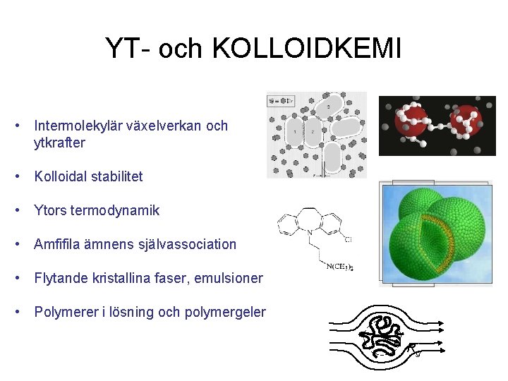 YT- och KOLLOIDKEMI • Intermolekylär växelverkan och ytkrafter • Kolloidal stabilitet • Ytors termodynamik