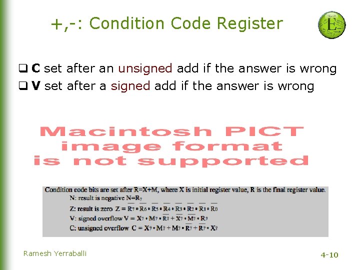 +, -: Condition Code Register q C set after an unsigned add if the