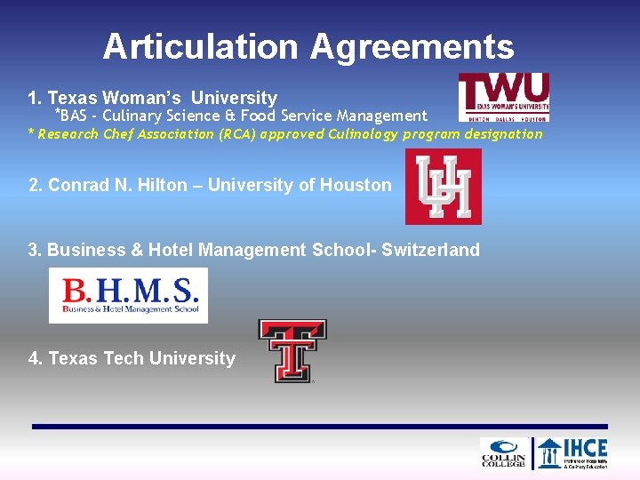 Articulation Agreements 1. Texas Woman’s University *BAS - Culinary Science & Food Service Management